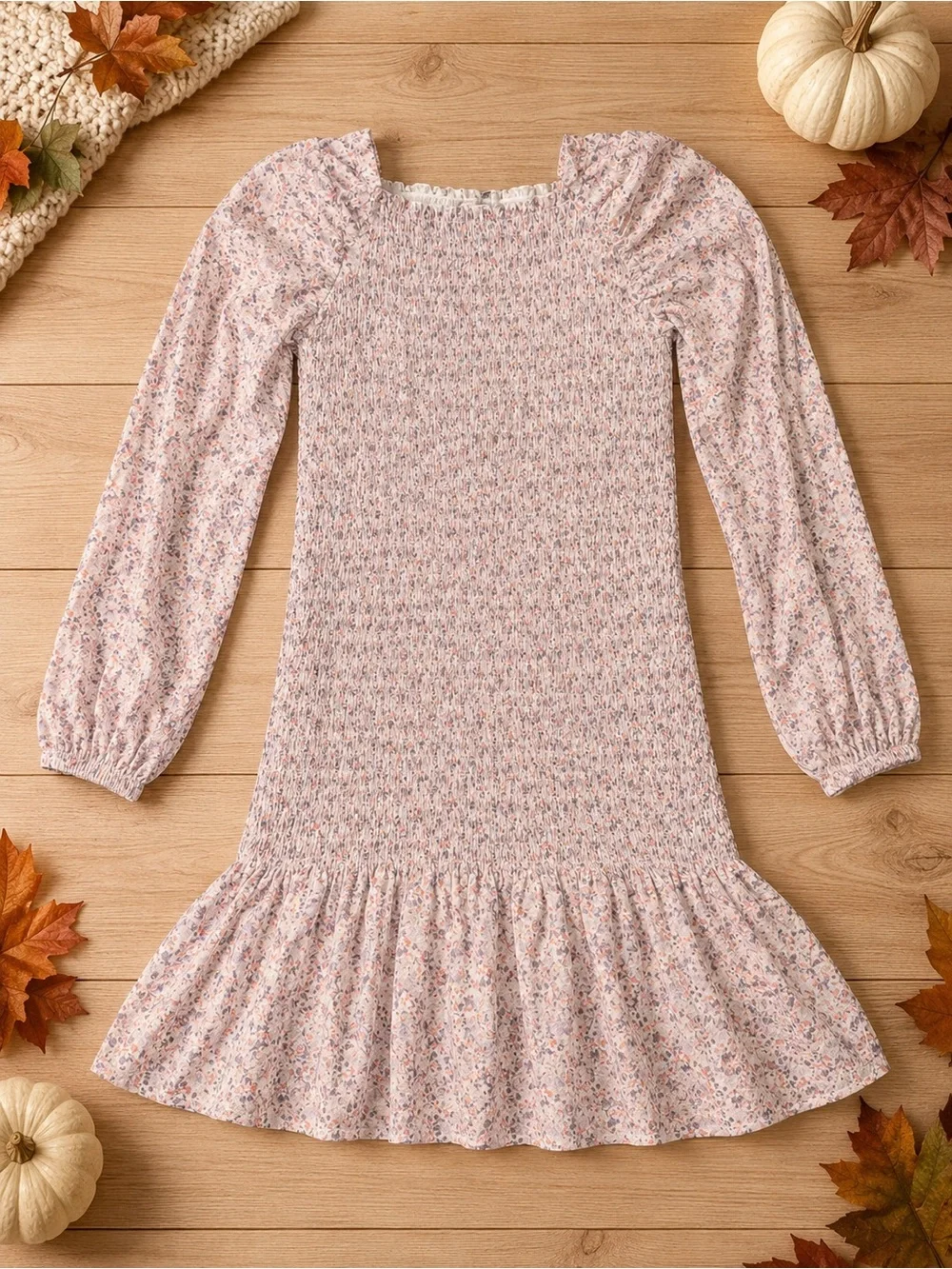 Girls Pink Floral Smocked Long Sleeve Dress
